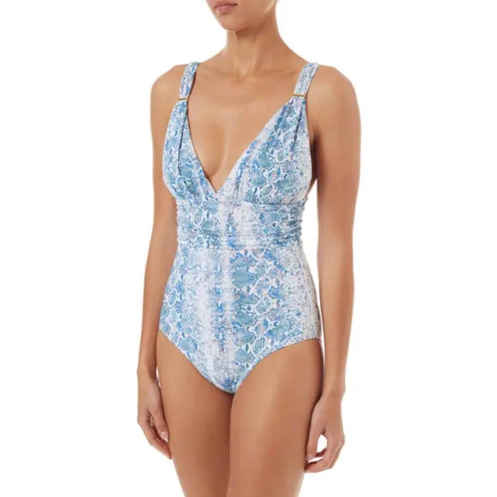 Melissa Odabash Panarea Blue Snake Print Shirred One Piece Swimsuit Sz 10
